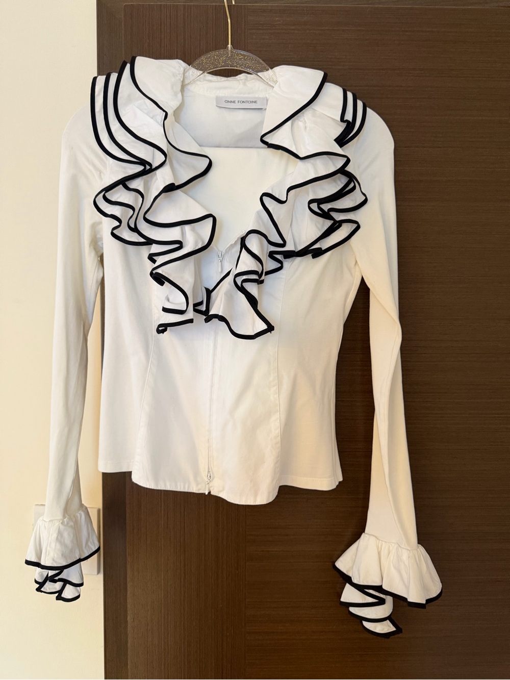 Anne Fontaine White Blouse with Black-Trim Ruffles SZ 38